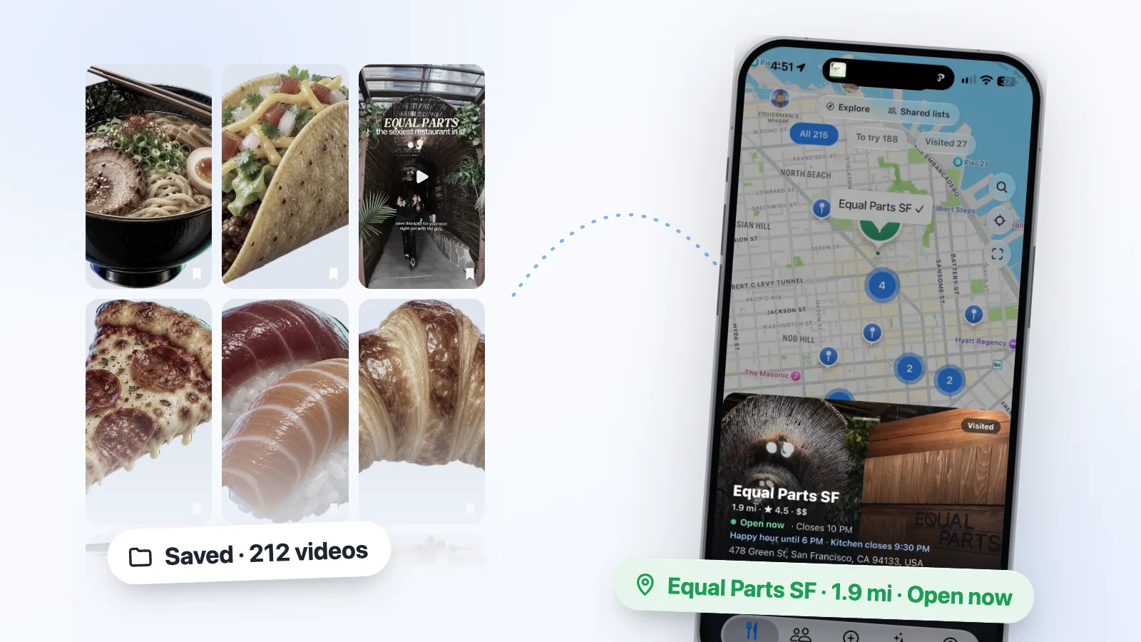 A folder of saved food videos on one side, a map with the restaurants pinned on the other.