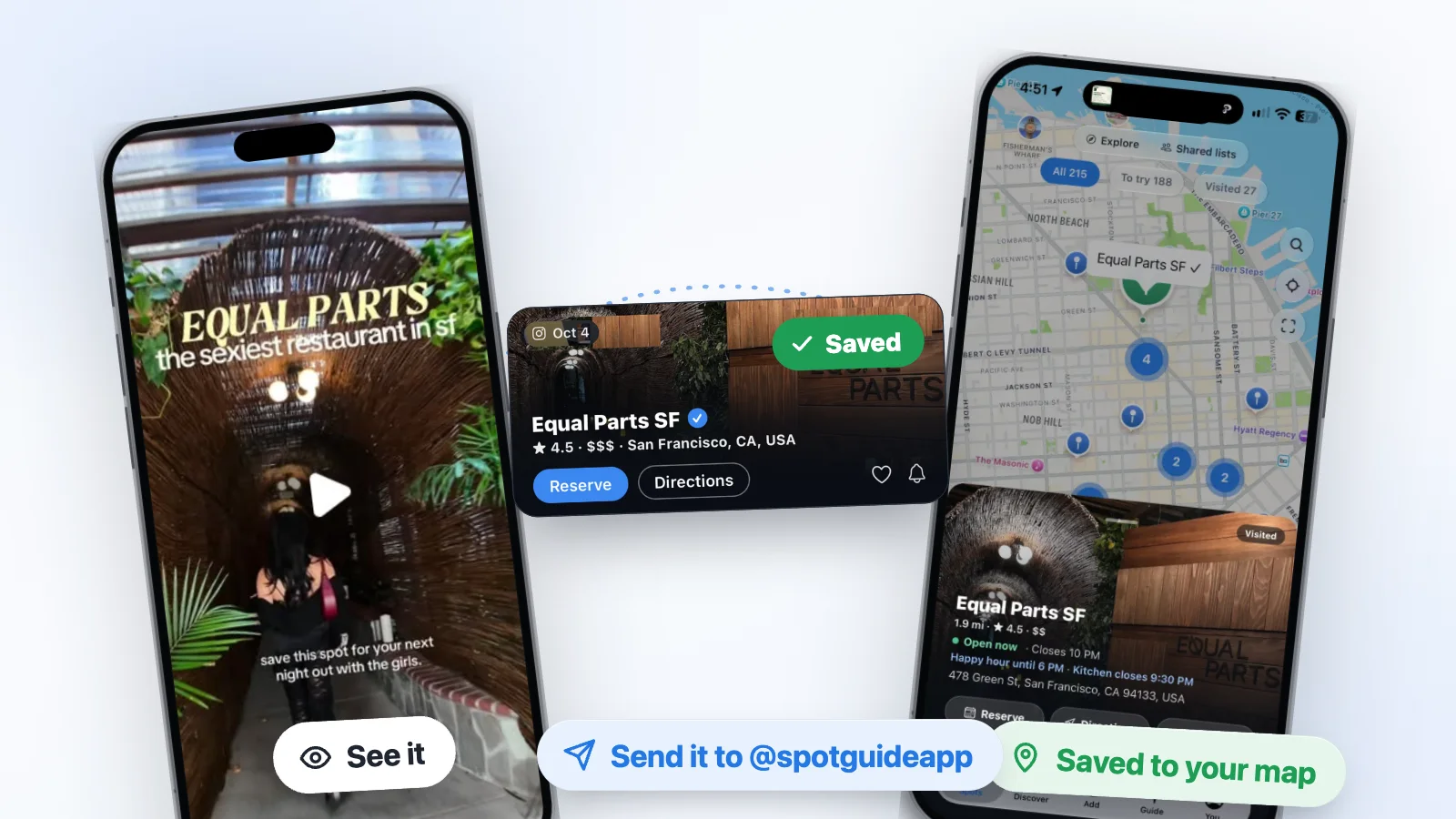 A Reel on one phone, the same restaurant pinned on a map on the other, with the saved card in between.